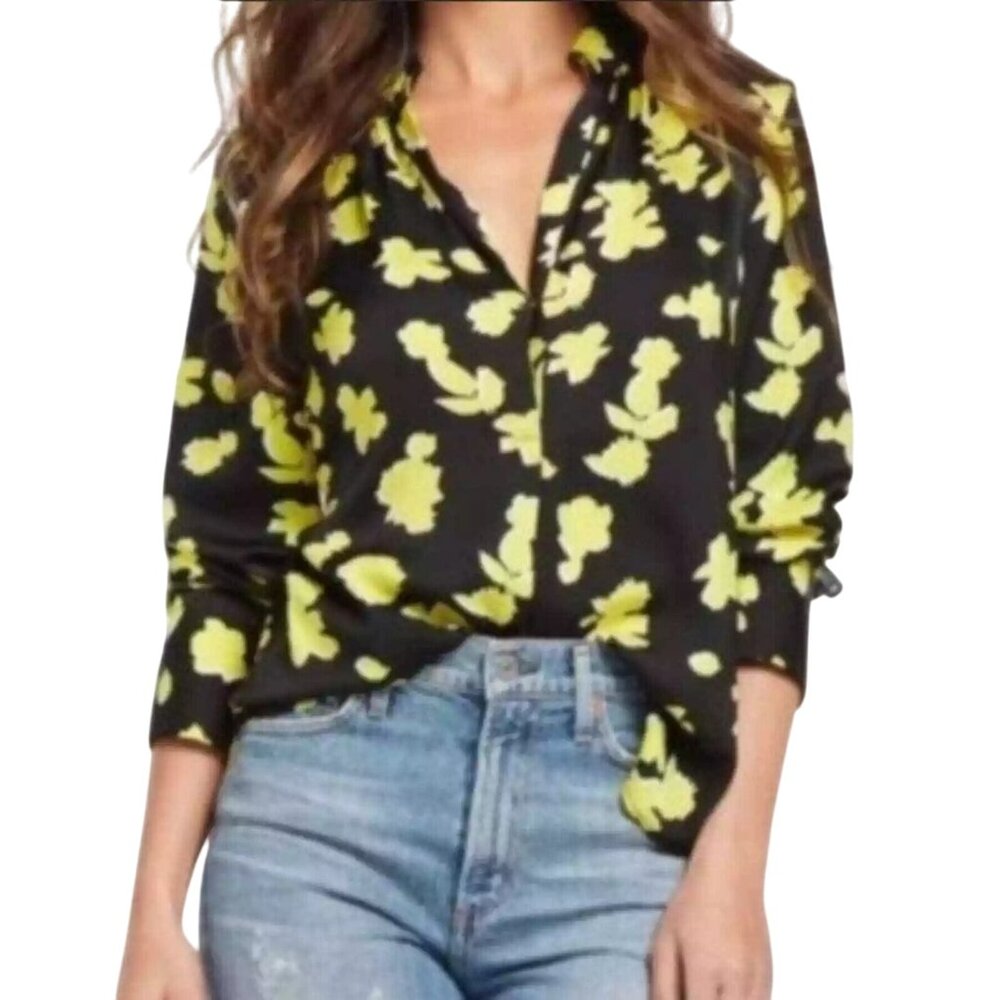 David Lerner Rocker Floral Blouse Womens Small Snap Long Sleeve Black Yellow NEW